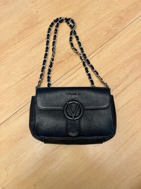 Valentino By Mario Valentino Black Pebbled Leather Shoulder Bag with Chain Strap
